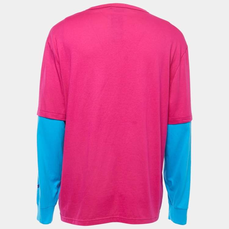 Pre Owned Polo Ralph Lauren Pink/Blue Logo Embroidered Cotton Crew Neck Long Sleeve T-Shirt L 