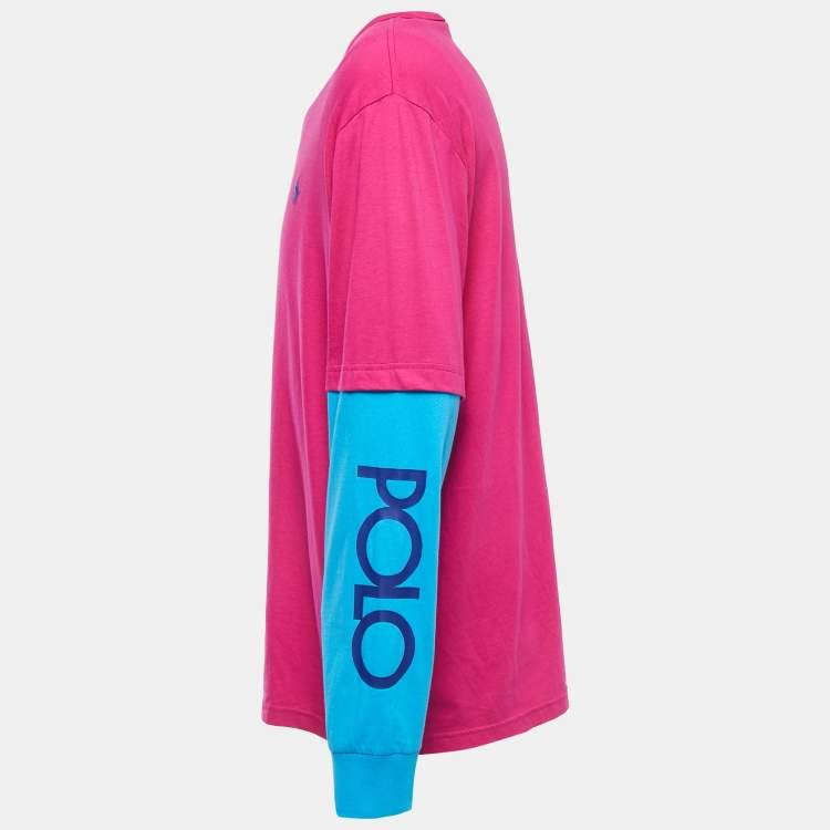 Pre Owned Polo Ralph Lauren Pink/Blue Logo Embroidered Cotton Crew Neck Long Sleeve T-Shirt L 