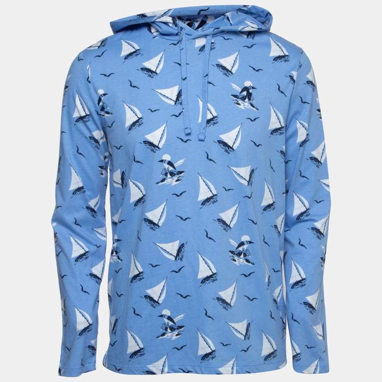 Pre Owned Polo Ralph Lauren Blue All-Over Yacht Print Cotton Hooded Sweatshirt S