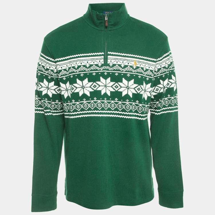 Pre Owned Polo Ralph Lauren Green Cotton Printed Zip-Up Sweater L