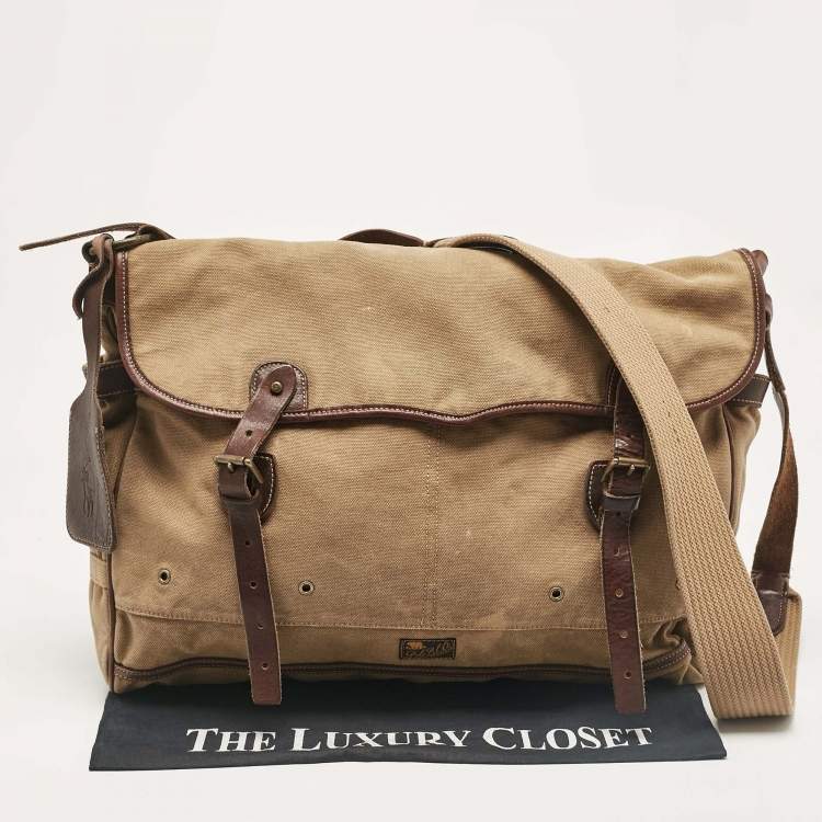 Pre Owned Polo Ralph Lauren Brown/Khaki Canvas Oversized Messenger Bag