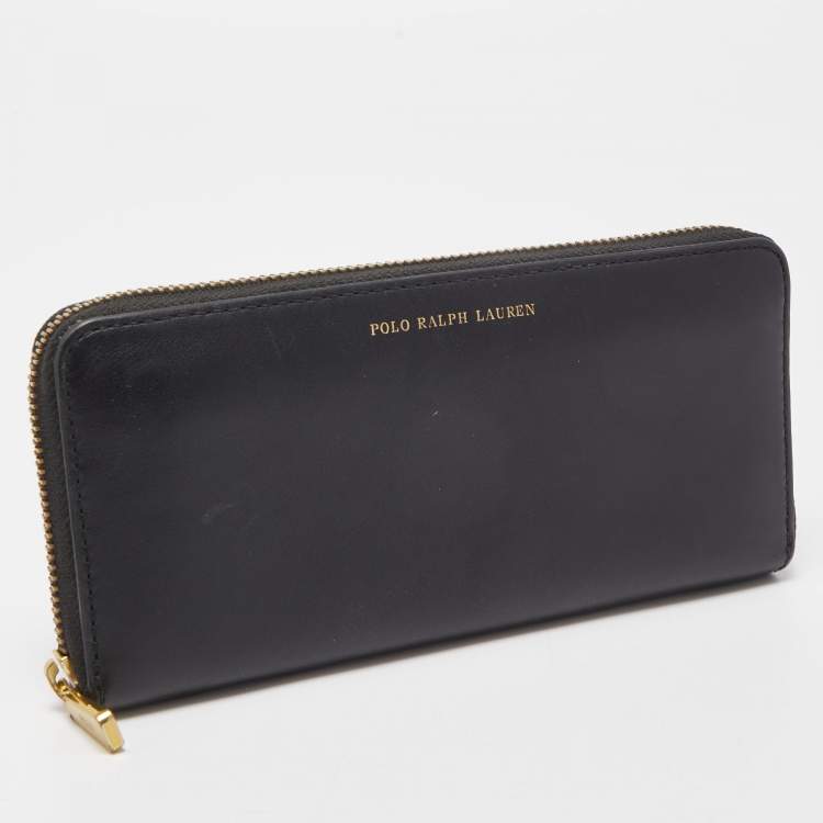 Pre Owned Polo Ralph Lauren Black Leather Zip Around Continental Wallet 