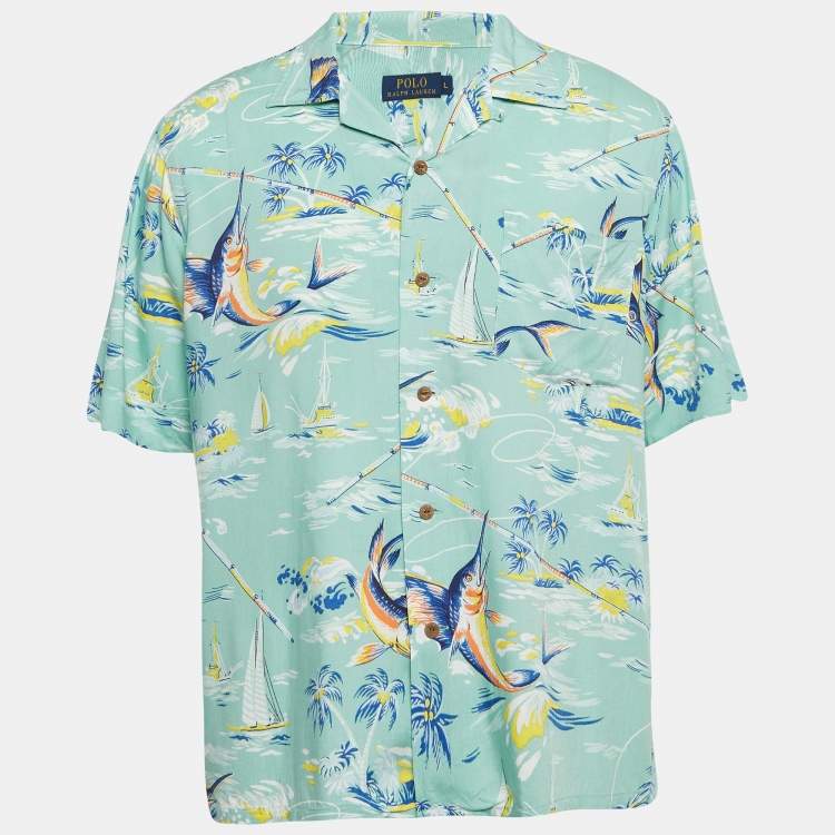 Pre Owned Polo Ralph Lauren Green Printed Crepe Short Sleeves Shirt L