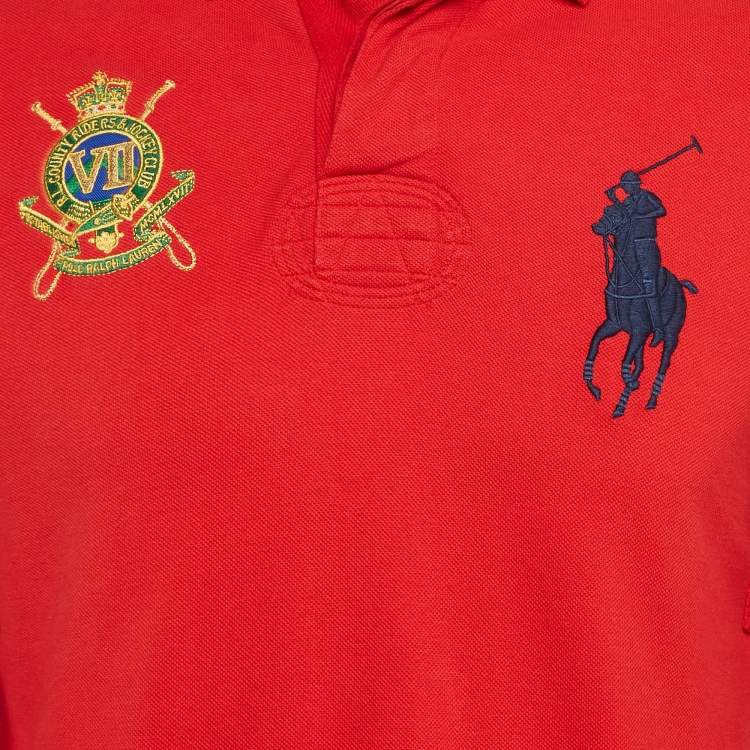 Pre Owned Polo Ralph Lauren Red Embroidered Pique Cotton Long Sleeve Polo T-Shirt M