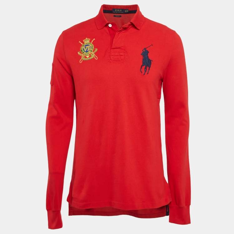 Pre Owned Polo Ralph Lauren Red Embroidered Pique Cotton Long Sleeve Polo T-Shirt M