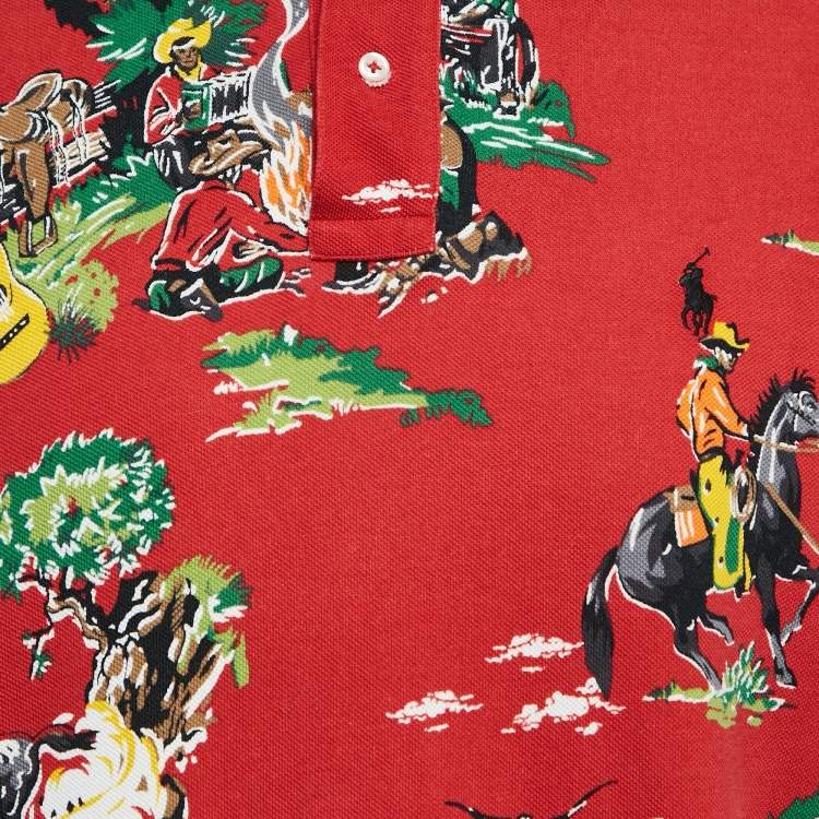 Pre Owned Polo Ralph Lauren Red Printed Cotton Pique Polo T-Shirt L