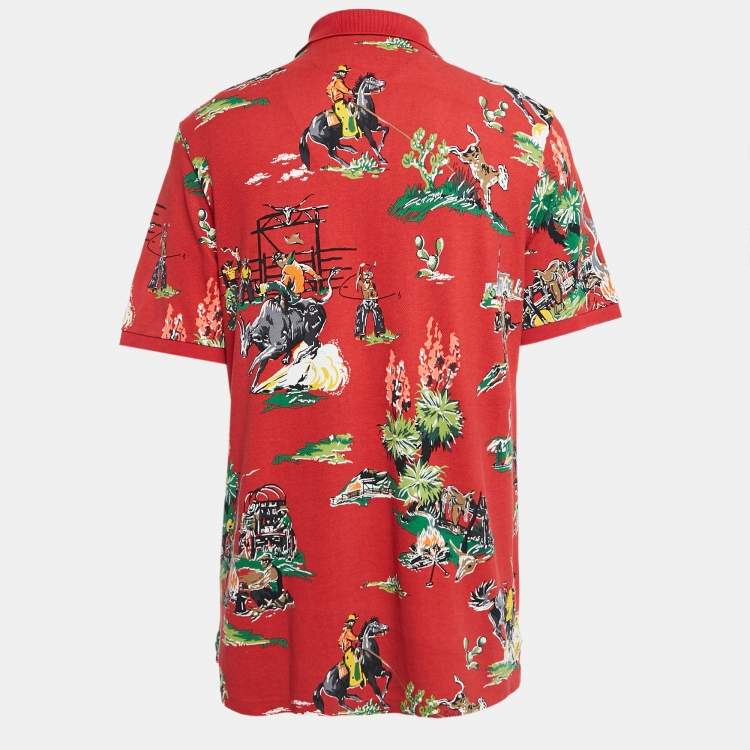 Pre Owned Polo Ralph Lauren Red Printed Cotton Pique Polo T-Shirt L