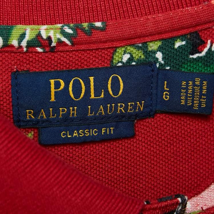 Pre Owned Polo Ralph Lauren Red Printed Cotton Pique Polo T-Shirt L