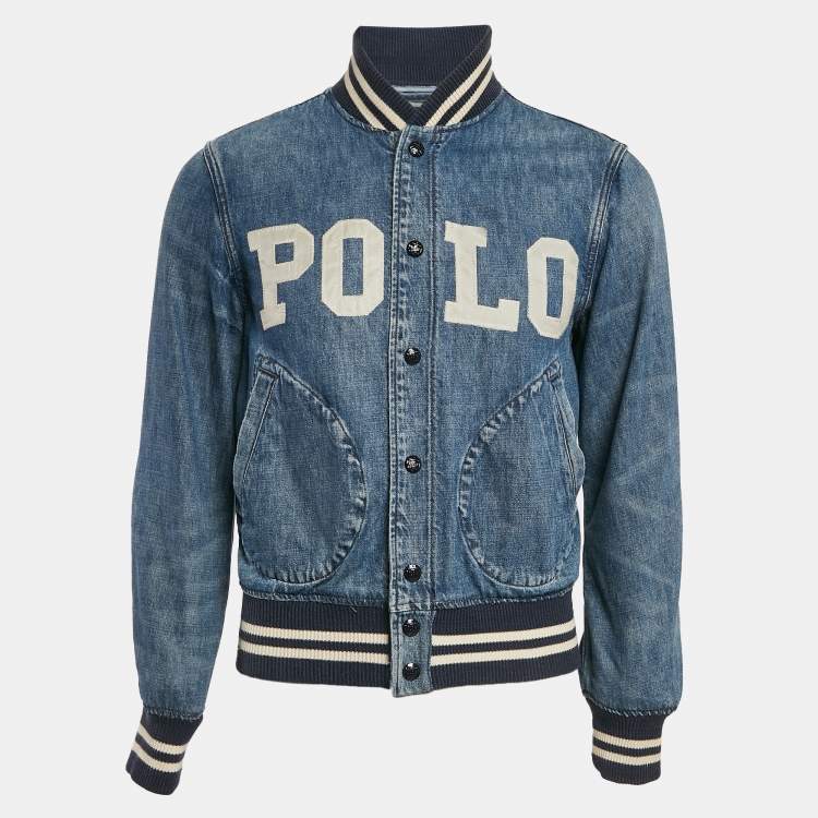 Pre Owned Polo Ralph Lauren Blue Denim Logo Applique Detail Bomber Jacket XS