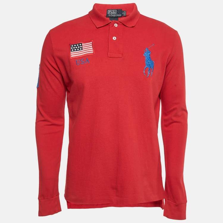 Pre Owned Polo Ralph Lauren Vintage Red Embroidered Cotton Custom Fit Polo T-Shirt S