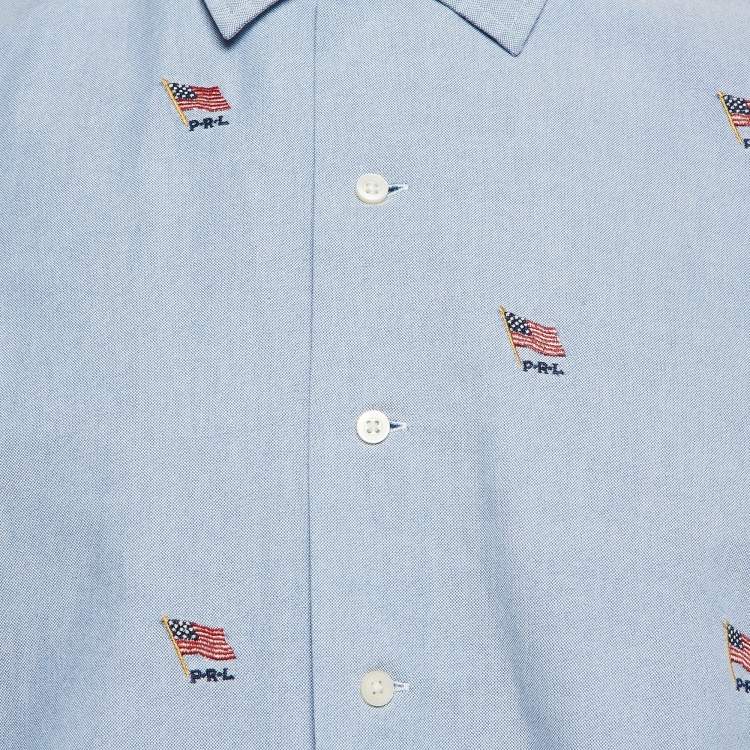 Pre Owned Polo Ralph Lauren Blue Flag Embroidered Cotton Half Sleeve Shirt L