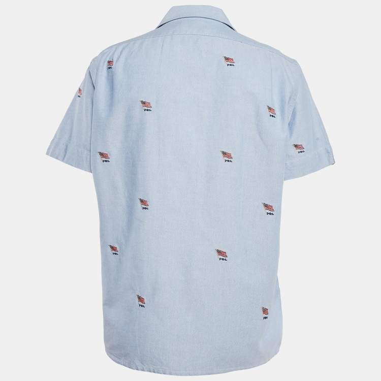 Pre Owned Polo Ralph Lauren Blue Flag Embroidered Cotton Half Sleeve Shirt L