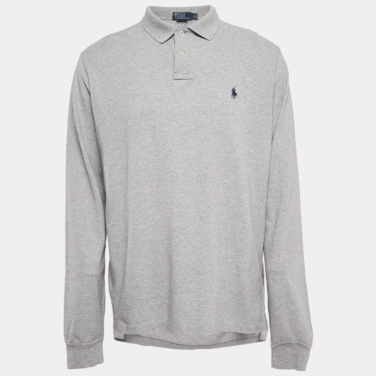 Pre Owned Polo Ralph Lauren Grey Pique Cotton Long Sleeve Slim Fit Polo T-Shirt XL