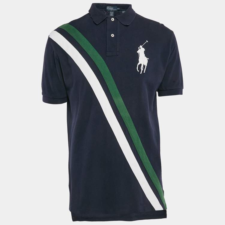 Pre Owned Polo Ralph Lauren Navy Blue Diagonal Stripe Pique Cotton Polo T-Shirt M