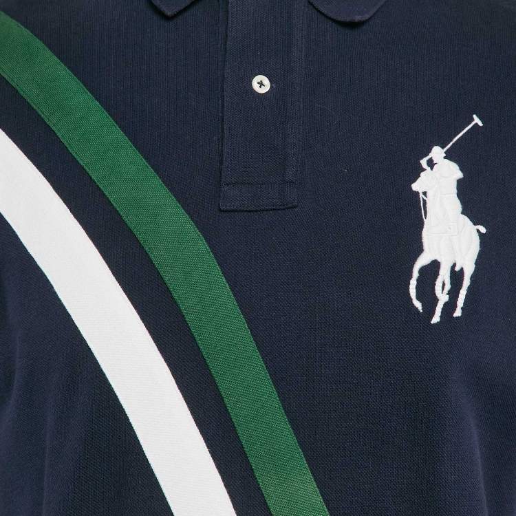 Pre Owned Polo Ralph Lauren Navy Blue Diagonal Stripe Pique Cotton Polo T-Shirt M