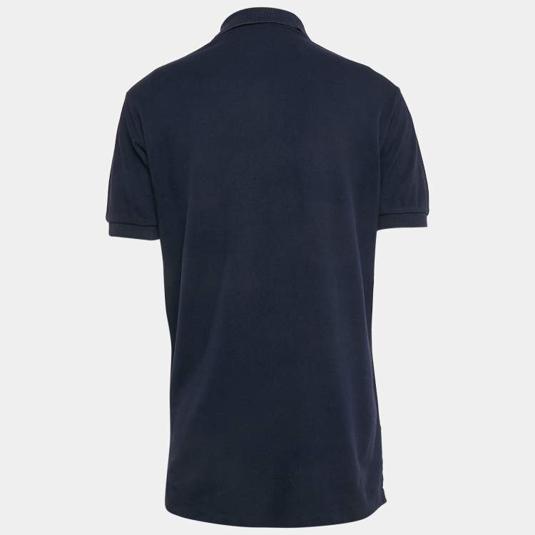 Pre Owned Polo Ralph Lauren Navy Blue Diagonal Stripe Pique Cotton Polo T-Shirt M