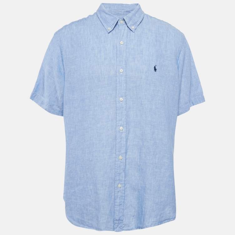Pre Owned Polo Ralph Lauren Blue Linen Half Sleeve Button Down Classic Fit Shirt XXL
