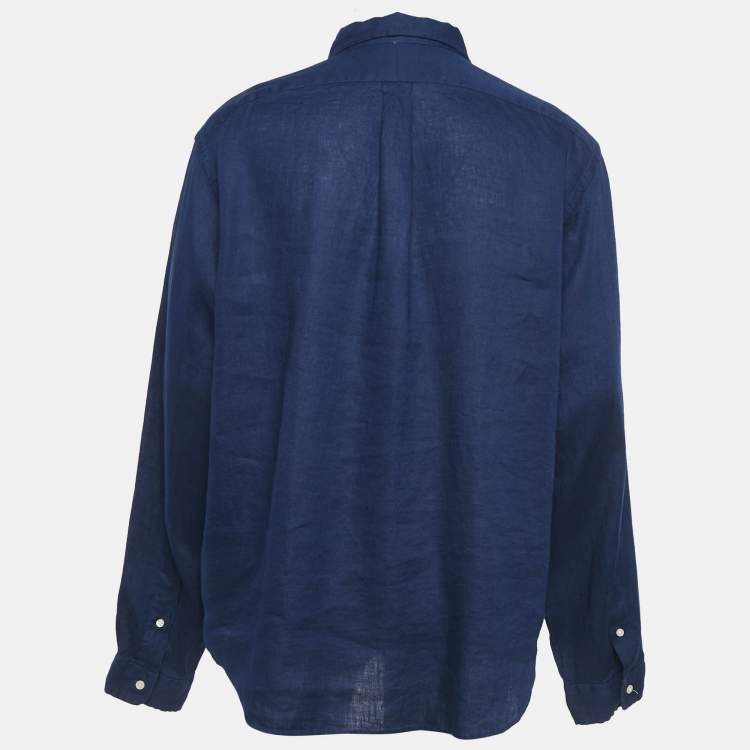 Pre Owned Polo Ralph Lauren Navy Blue Linen Button Down Full Sleeve Shirt XXL