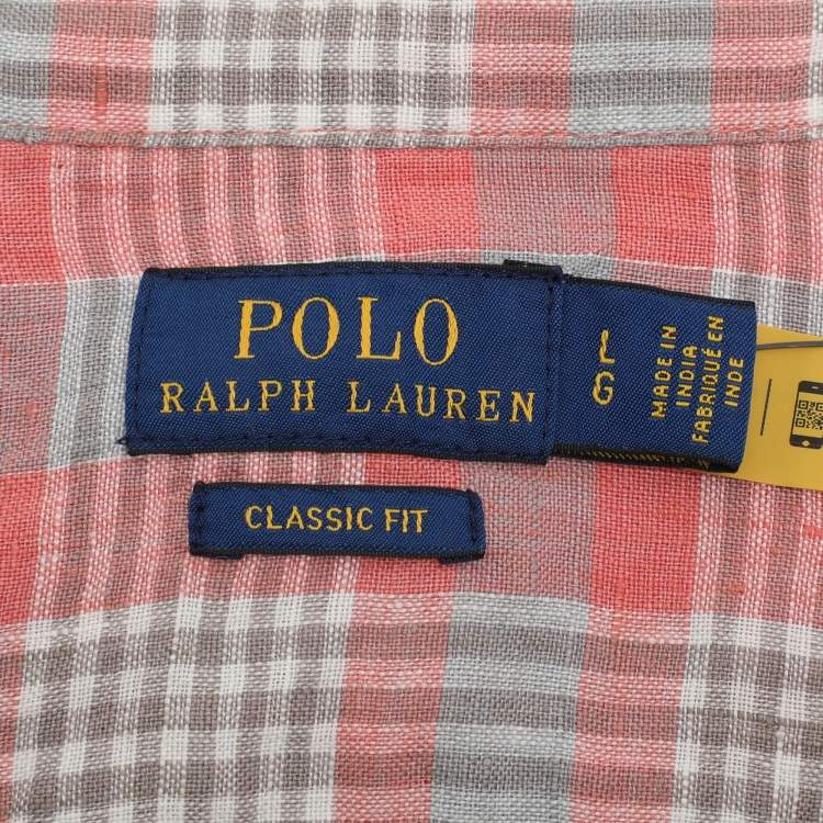 Pre Owned Polo Ralph Lauren Pink/Grey Checkered Linen Classic Fit Shirt L