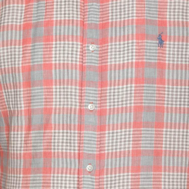 Pre Owned Polo Ralph Lauren Pink/Grey Checkered Linen Classic Fit Shirt L