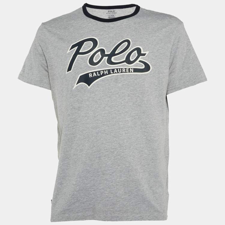 Pre Owned Polo Ralph Lauren Grey/Navy Blue Logo Print Cotton Crew Neck T-Shirt L