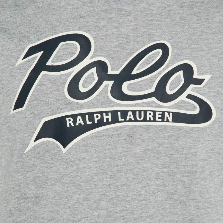 Pre Owned Polo Ralph Lauren Grey/Navy Blue Logo Print Cotton Crew Neck T-Shirt L
