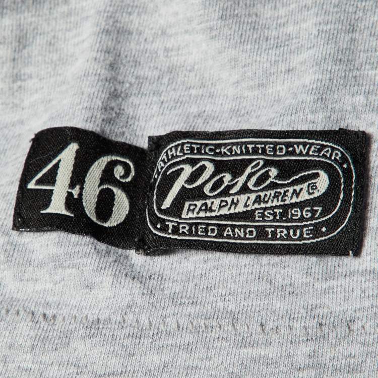 Pre Owned Polo Ralph Lauren Grey/Navy Blue Logo Print Cotton Crew Neck T-Shirt L