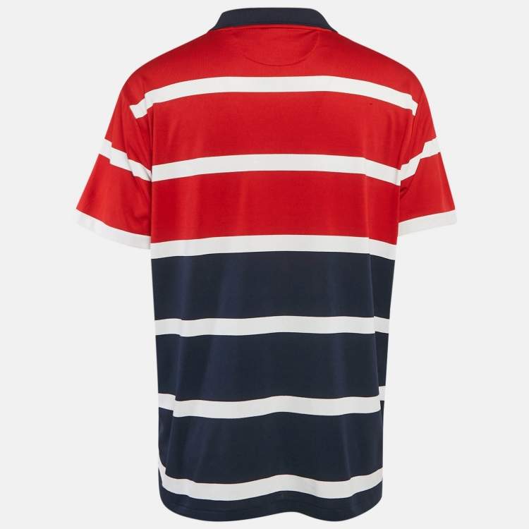 Pre Owned Polo Ralph Lauren Navy Blue/Red Stripe Printed Jersey Polo T-Shirt XL