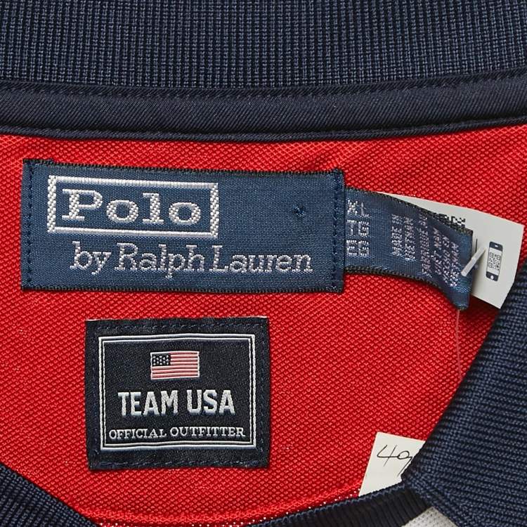 Pre Owned Polo Ralph Lauren Navy Blue/Red Stripe Printed Jersey Polo T-Shirt XL