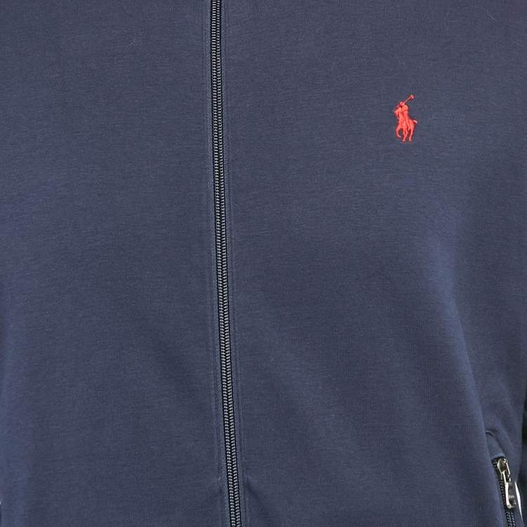 Pre Owned Polo Ralph Lauren Navy Blue Cotton Knit Zip-Up Contrast Trimmed Jacket M