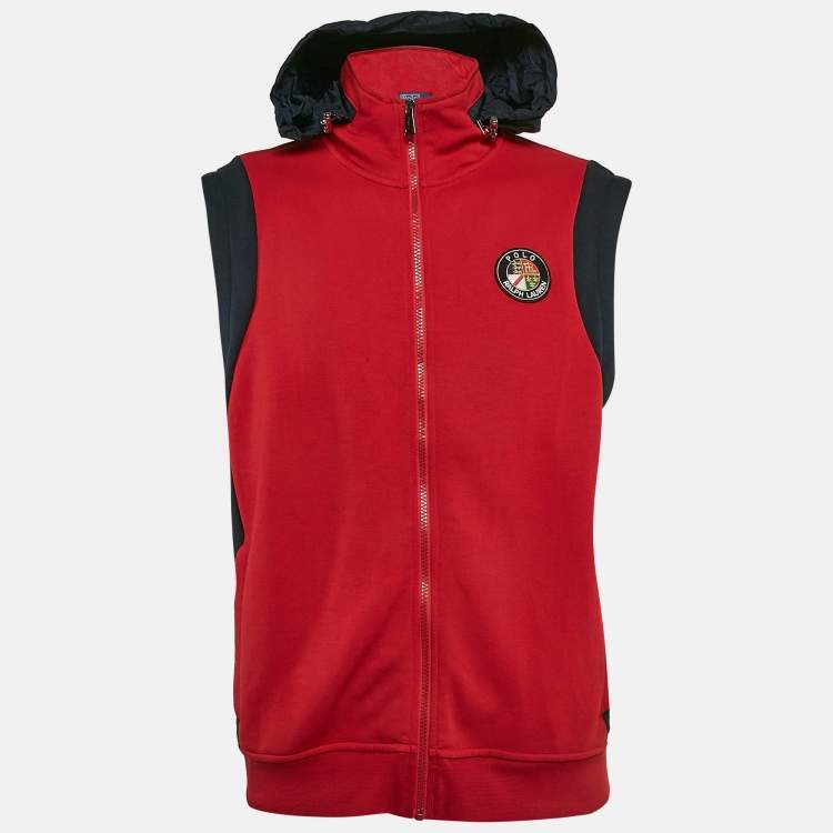 Pre Owned Polo Ralph Lauren Red Printed Cotton Blend Knit Sleeveless Hooded Jacket L