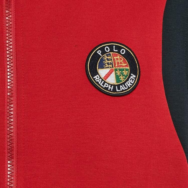 Pre Owned Polo Ralph Lauren Red Printed Cotton Blend Knit Sleeveless Hooded Jacket L