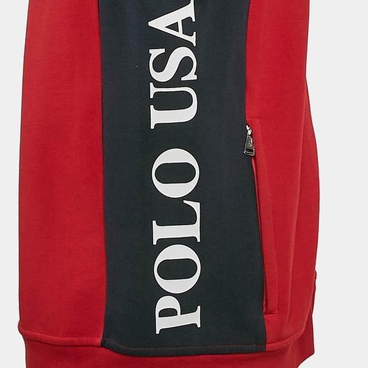 Pre Owned Polo Ralph Lauren Red Printed Cotton Blend Knit Sleeveless Hooded Jacket L