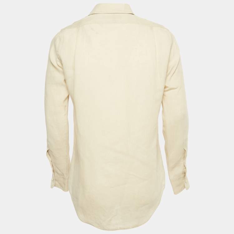Pre Owned Polo Ralph Lauren Cream Logo  Embroidered  Linen Custom Fit Shirt S