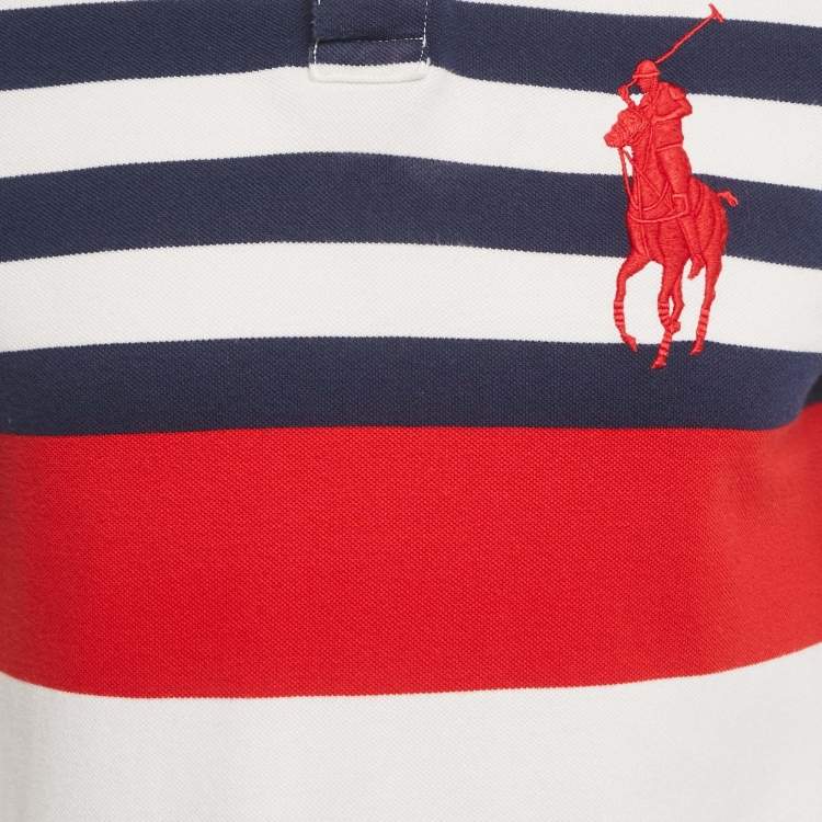 Pre Owned Polo Ralph Lauren White /Red Stripe Logo Embroidered Cotton Polo T-Shirt M