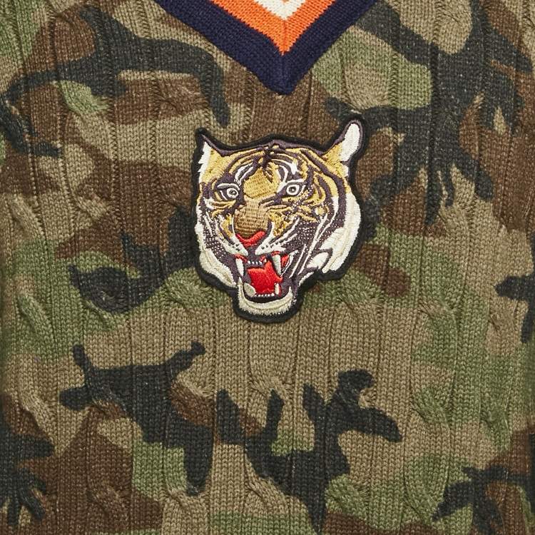 Pre Owned Polo Ralph Lauren Green Camouflage Tiger Applique Knit Pullover M