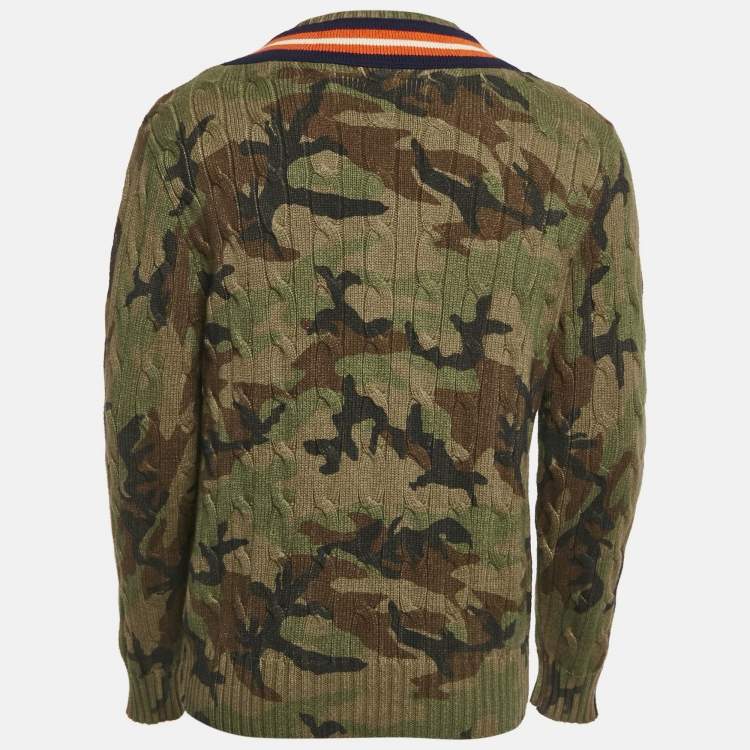 Pre Owned Polo Ralph Lauren Green Camouflage Tiger Applique Knit Pullover M