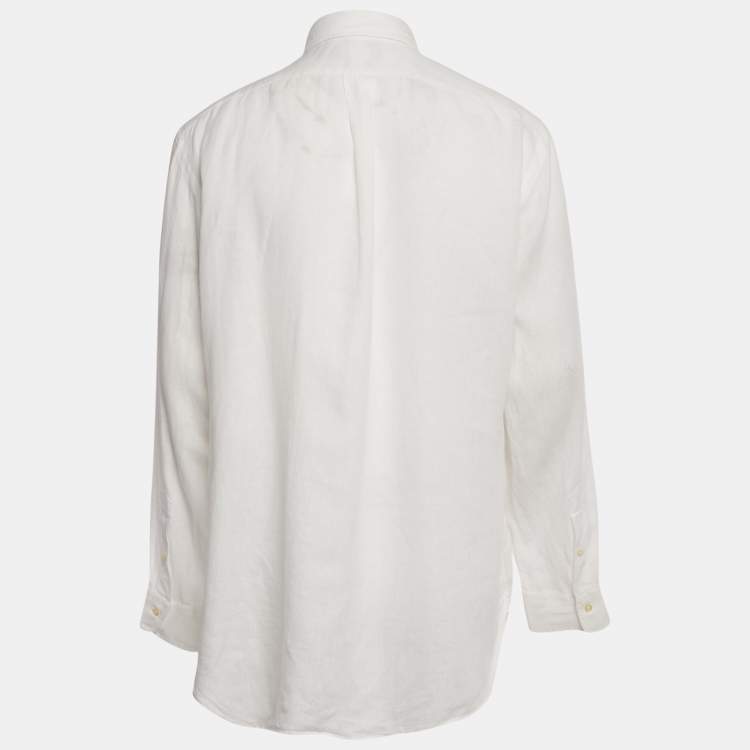 Pre Owned Polo Ralph Lauren White Logo Embroidered Linen Shirt XL