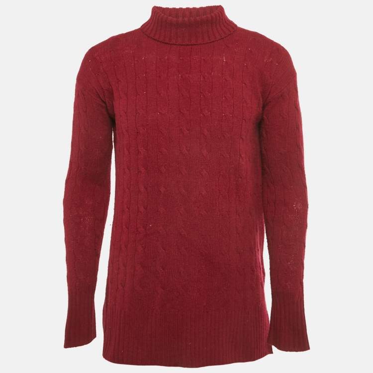 Pre Owned Polo Ralph Lauren Burgundy Cable Knit Turtle Neck Sweater XS