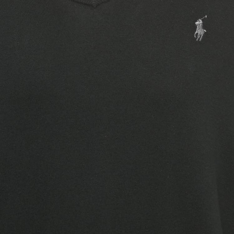 Pre Owned Polo Ralph Lauren Black Logo Embroidered Cotton V-Neck Sweater L