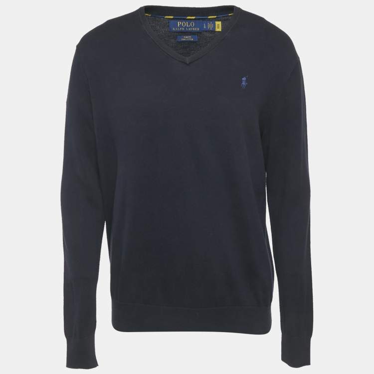 Pre Owned Polo Ralph Lauren Navy Blue Cotton Knit V-Neck Sweater L