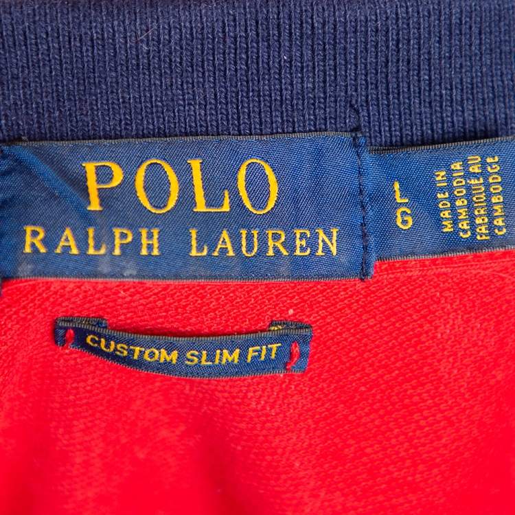 Pre Owned Polo Ralph Lauren Red & Navy Blue Cotton Pique Summer Classic Slim Fit Polo T-Shirt L