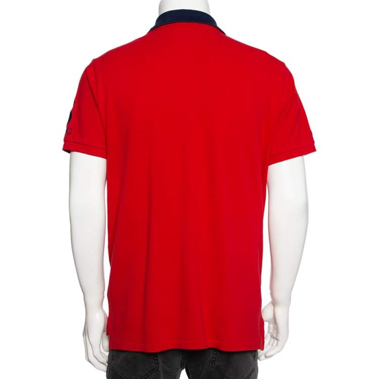 Pre Owned Polo Ralph Lauren Red & Navy Blue Cotton Pique Summer Classic Slim Fit Polo T-Shirt L