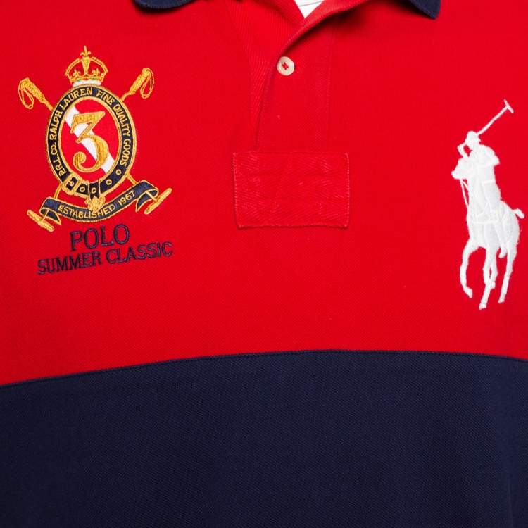 Pre Owned Polo Ralph Lauren Red & Navy Blue Cotton Pique Summer Classic Slim Fit Polo T-Shirt L