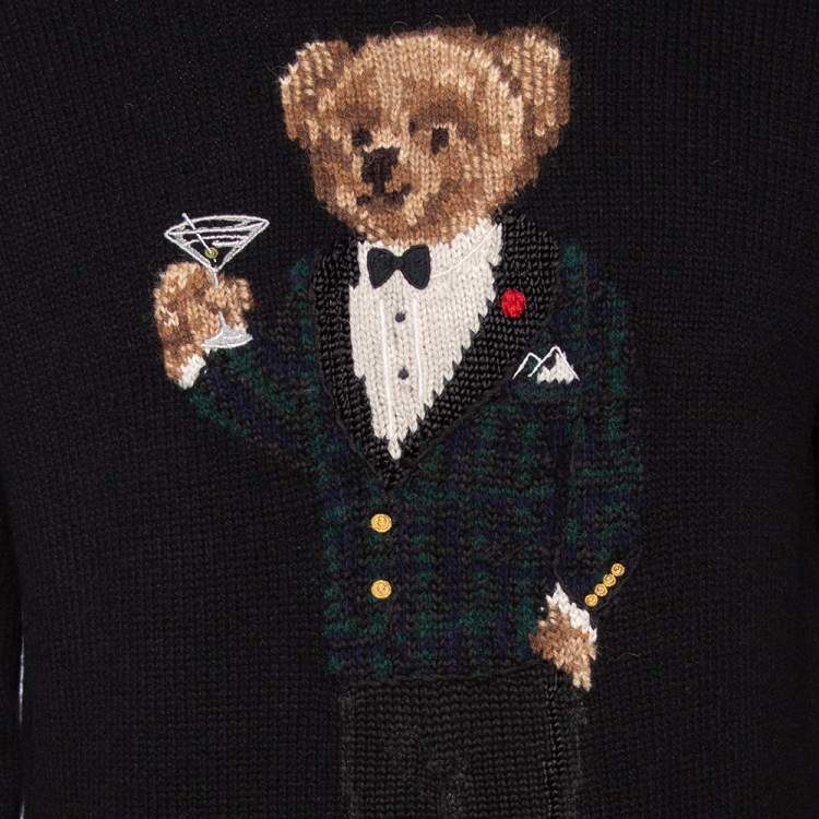 Pre Owned Polo Ralph Lauren Black Martini Bear Wool Knit Hoodie M