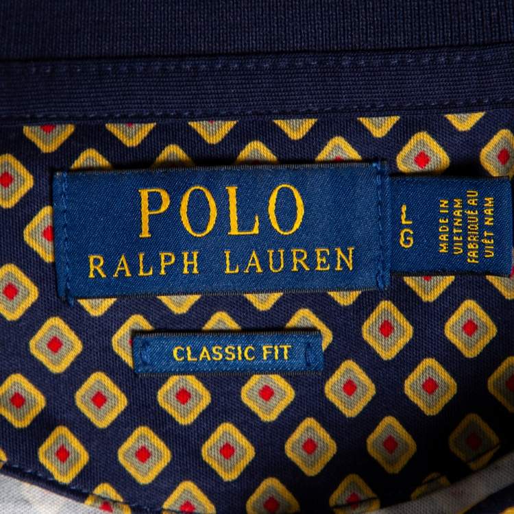 Pre Owned Polo Ralph Lauren Navy Blue Printed Cotton Pique Classic Fit Polo T-Shirt L