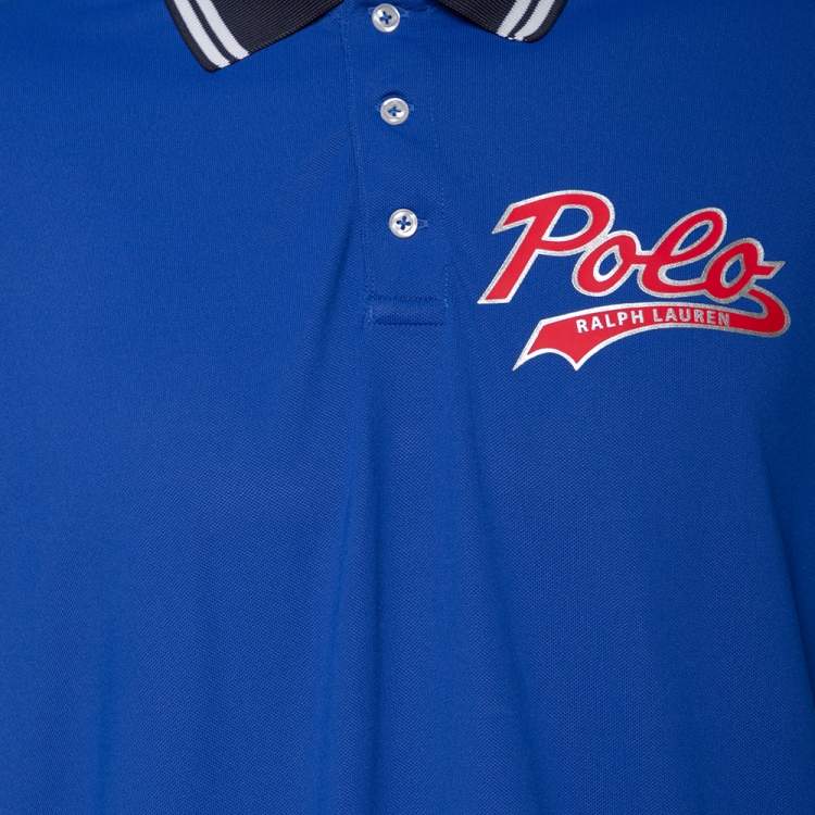 Pre Owned Polo Ralph Lauren Performance Blue Jersey Logo Printed Polo T-Shirt L