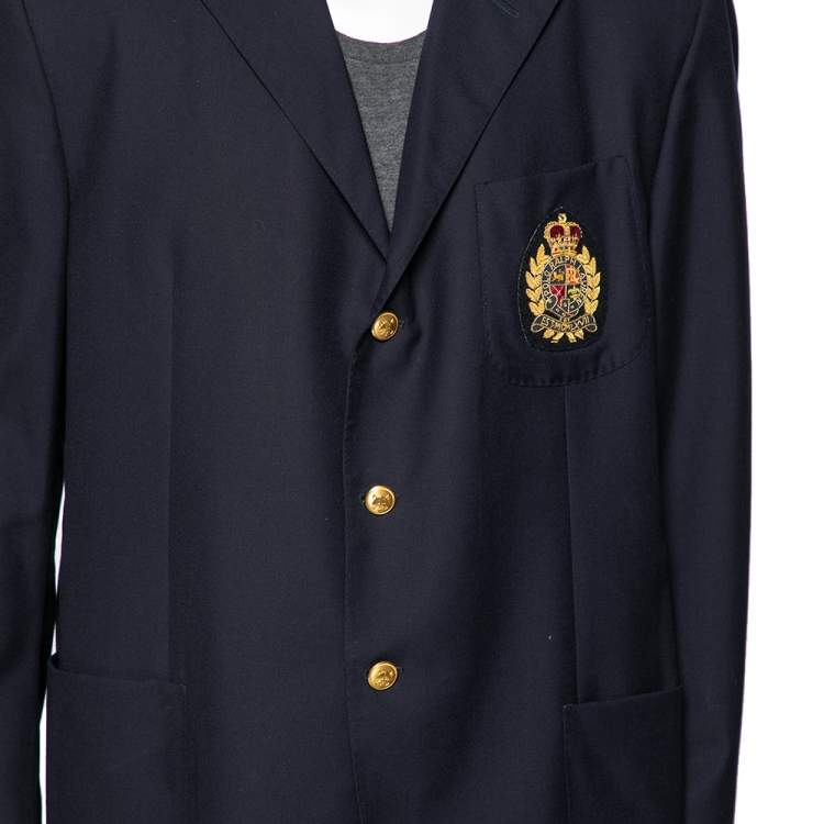 Pre Owned Polo Ralph Lauren Navy Blue Wool Logo Crest Embroidered Blazer 5XL