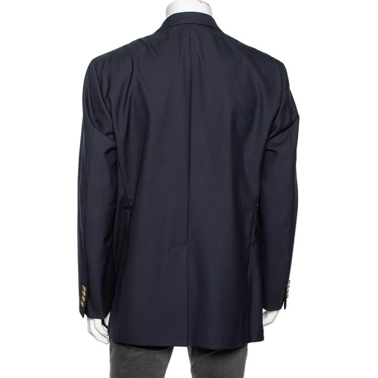 Pre Owned Polo Ralph Lauren Navy Blue Wool Logo Crest Embroidered Blazer 5XL