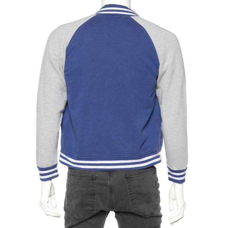 Pre Owned Polo Ralph Lauren Blue & Grey Cotton Knit Logo Embroidered Button Front Jacket L